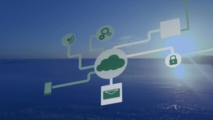 Animation of technology icons over seascape - Powered by Adobe