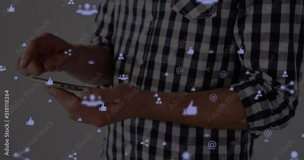 Poster animation of icons floating over hands of caucasian businessman using smartphone