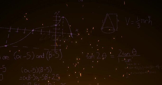 Animation of math graps and data over black background