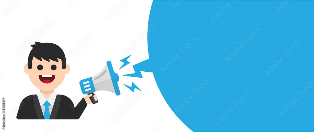Poster announcement with megaphone and speech bubble vector illustration. flat design businessman character