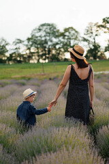Rear view of mother and son walking hand in hand in lavender field