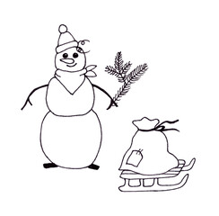 Black and white illustration of snowman and Christmas symbols isolated on white background