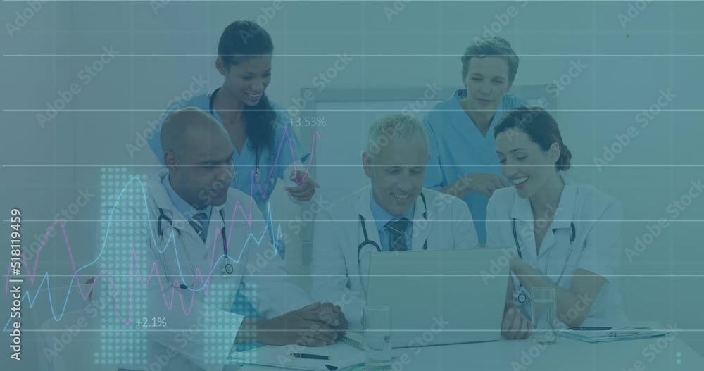 Aufkleber animation of financial graphs and data over diverse medics talking and using laptop