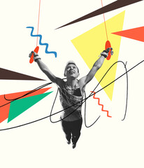 Sportive flexible little boy, professional gymnastics artist doing exercises isolated on colorful...