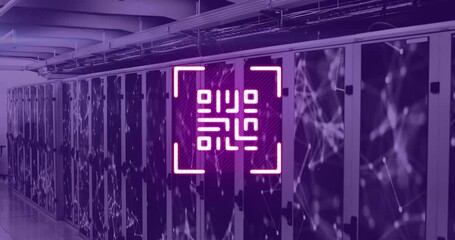 Animation of neon qr code over server room in violet - Powered by Adobe
