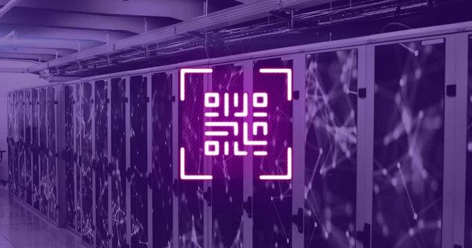 Animation of neon qr code over server room in violet - Powered by Adobe
