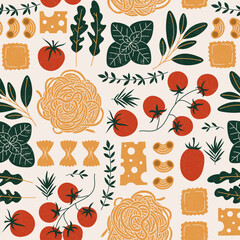 Italian pasta ingredients. Spaghetti and ravioli background. Food seamless pattern. 
