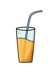 Juice glass doodle vector illustration, cold fruit drink, diet smoothie.