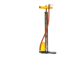 Floor pressurized air pump for inflating the air into tire of bicycle, motorcycle and other equipment isolated on white background. Concept : tools in daily life. Manual air pump. 