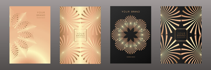 Luxury floral gold curve pattern cover design set. Elegant  abstract golden ornament on black background. Premium vector collection for Christmas card, brochure, invite, notebook, catalog, menu