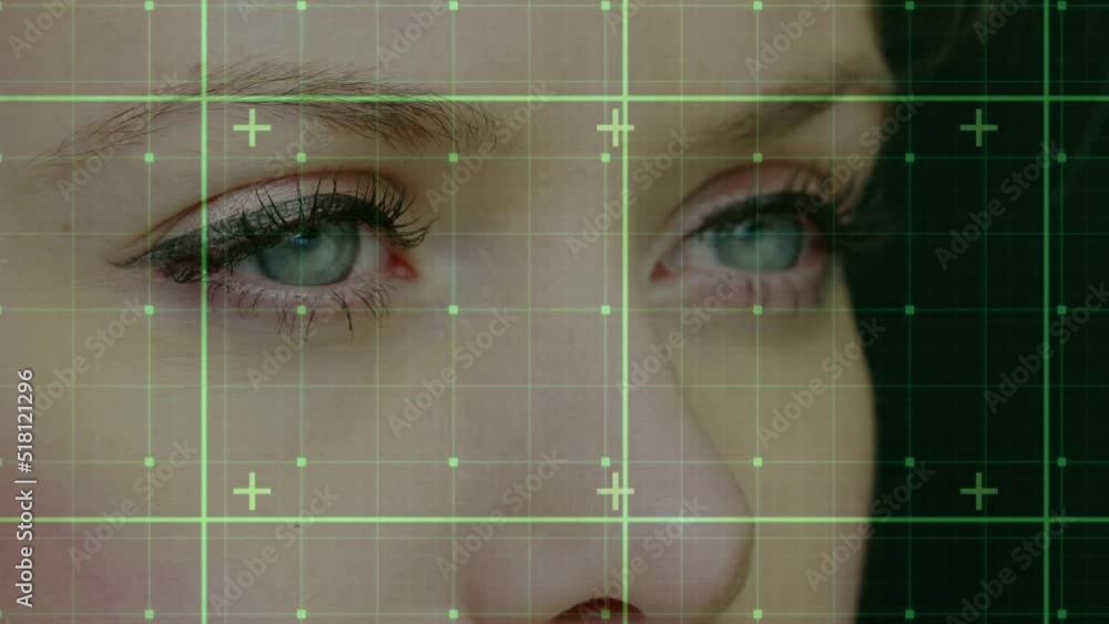 Poster animation of data processing over caucasian woman's face and grid