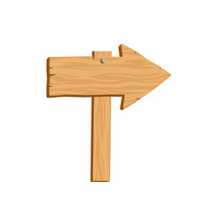Wooden arrow sign on the pillar. Cartoon style vector guidepost illustration. Rough road sign made of wood. Wooden bricks.