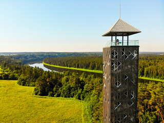 Birstonas, Lithuania - 15th june, 2021: Tallest Lithuanian view (observation) tower in Birstonas