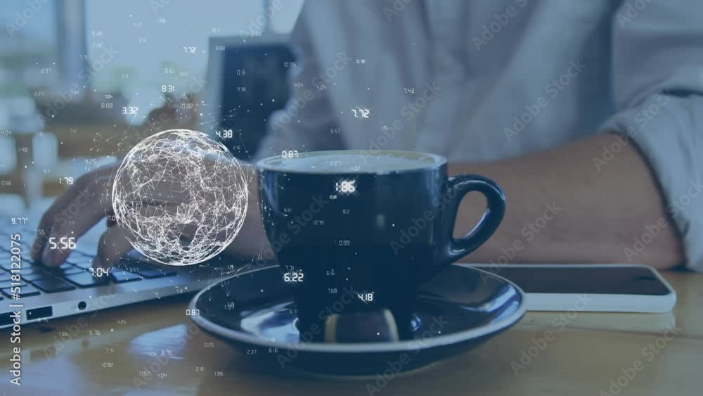 Poster animation of globe with network of numbers over caucasian man using laptop