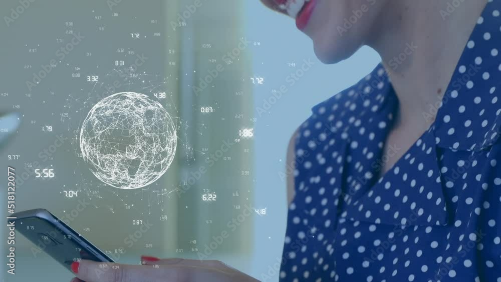 Aufkleber animation of globe with network of numbers over caucasian woman using smartphone