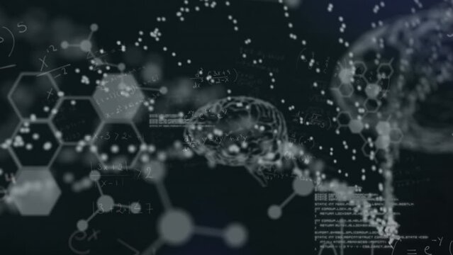 Animation of scientific data processing, human brain and dna strand spinning