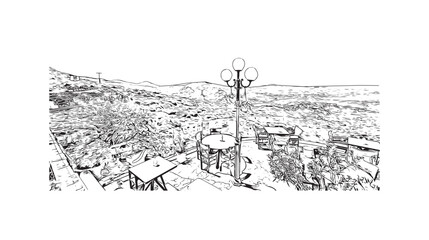 Obraz premium Building view with landmark of Naxos is the city in Greece. Hand drawn sketch illustration in vector.