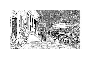 Building view with landmark of Naxos is the 
city in Greece. Hand drawn sketch illustration in vector.