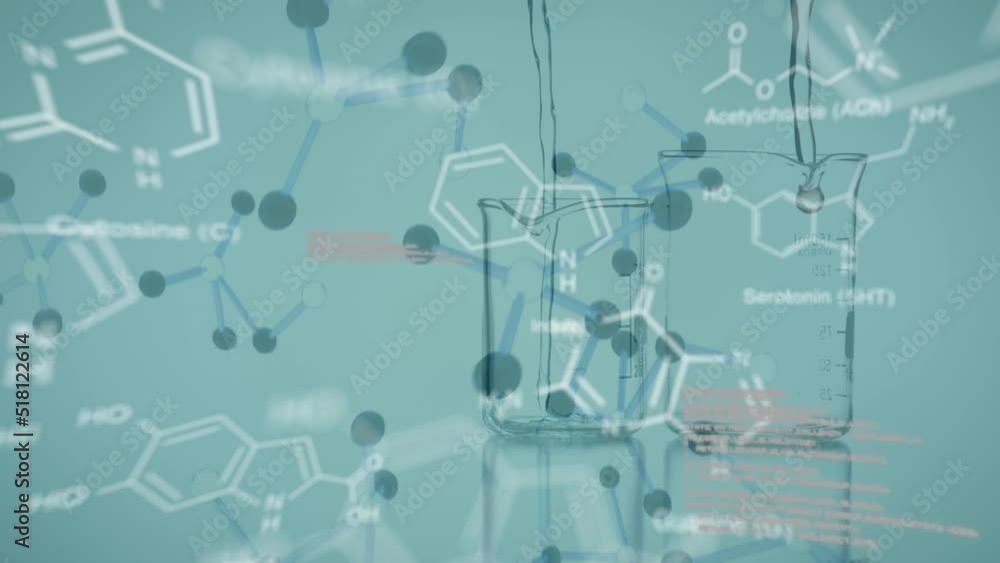 Poster animation of scientific data processing and chemical structures over laboratory beakers