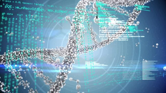 Animation of data processing over 3d dna strand spinning