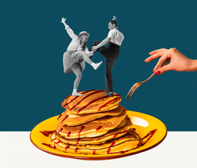 Contemporary art collage. Creative design. Cheerful young couple dancing on delicious pancakes. Sweet lifestyle