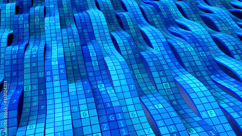 Leinwandbilder Stream of encoded information. Secure cipher, computer code 3D illustration. Private data in global network