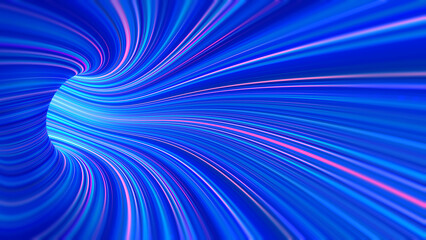 Collider inside. Saturn rings. Abstract photons in a cyberspace tunnel. Speed of light and interstellar flight. 3D illustration of neon strings bent in a wormhole