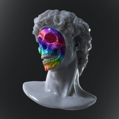 Abstract digital illustration from 3D rendering of a classical white marble head bust with missing face unveiling a plastic colorful shiny skull inside and isolated on background.