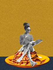 Contemporary art collage. Creative design. Stylish woman sitting on delicious pancakes and reading excited news