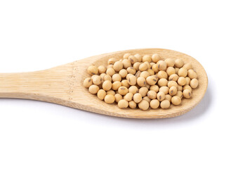 Uncooked soy beans in a spoon isolated over white background