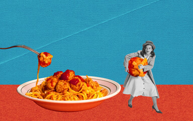Contemporary art collage. Creative design. Funny image of young woman stealing meatball from...