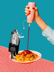 Contemporary art collage. Creative design. Senior couple looking at delicious pasta preparation. Adding ketchup for additional taste
