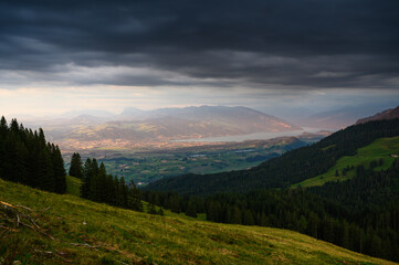 Obraz premium view from Gurnigel towards Thun and Lake Thun at a summer sunset