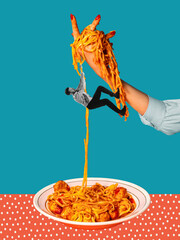 Contemporary art collage. Creative design. Funny image of man climbing up the delicious cheese pasta