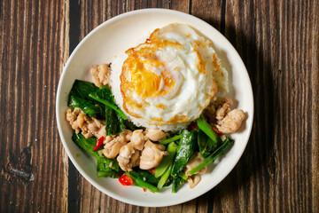 Stir Fried Chinese kale with Chicken and Fried Egg