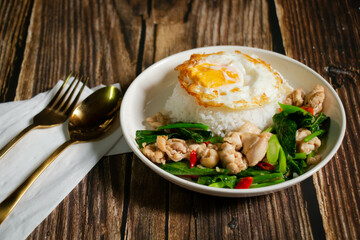 Stir Fried Chinese kale with Chicken and Fried Egg