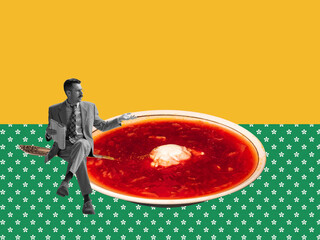Contemporary art collage. Creative design. Serious man sitting ion big plate with traditional...