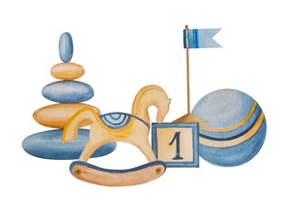 Watercolor illustration of vintage wooden eco toys for newborn boy in blue colors. Pyramid, flag, horse, cube and ball for postcard to firts birthday.