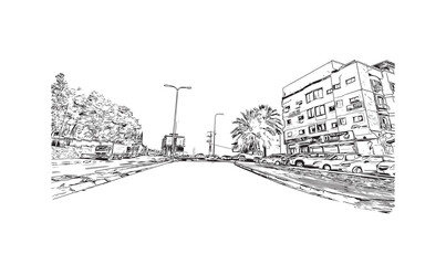 Building view with landmark of Nazareth is the city in Israel. Hand drawn sketch illustration in vector