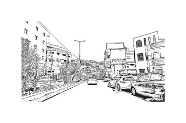 Building view with landmark of Nazareth is the city in Israel. Hand drawn sketch illustration in vector