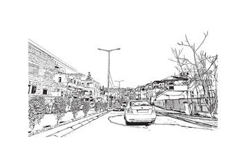 Building view with landmark of Nazareth is the city in Israel. Hand drawn sketch illustration in vector
