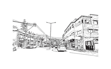 Building view with landmark of Nazareth is the city in Israel. Hand drawn sketch illustration in vector