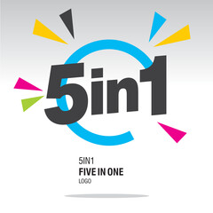 5 in 1 logo design, letters in broken circle with colorful bang of confetti on white background