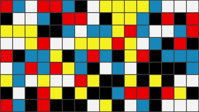 Square grid pattern background inspired by Piet Mondrian colors paintings changing randomly. Neoplasticism, minimal, abstract