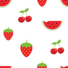 Vector seamless pattern background with cute cartoon style summer fruits and berries. Cherry, strawberry, watermelon slices pattern.