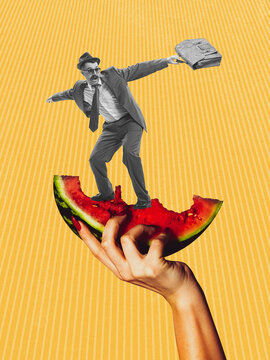 Contemporary art collage. Creative design. Stylish man in official clothes surfing on watermelon slice isolated on yellow background