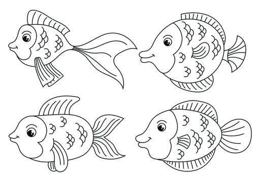 Outlined cartoon sea animals set for drawing. Coloring page of funny fishes