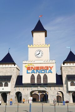 Energylandia the biggest family amusement park in Poland, main entrance, vertical photo.   
