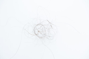 Fallen hair on the white background. Baldness and hair loss problem