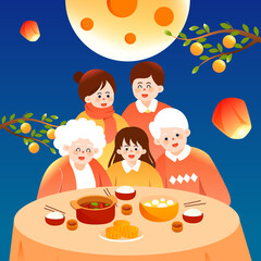 Mid-autumn festival family eating together to celebrate the festival with the moon and clouds in the background, vector illustration